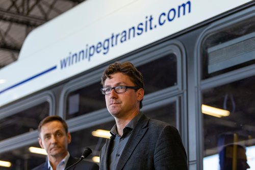 SASHA SEFTER / WINNIPEG FREE PRESS
Manager of Operations for Winnipeg Transit Randy Tonnellier (left) and Councillor Matt Allard, Chair of the Standing Policy Committee on Infrastructure Renewal and Public Works speak to the media during a press conference to showcase newly-installed bus operator safety shields at the Winnipeg Transit Brandon Garage.
190606 - Thursday, June 06, 2019.