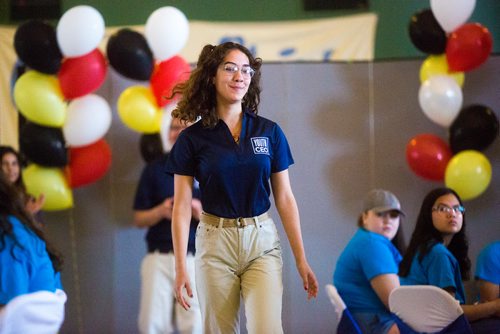 MIKAELA MACKENZIE / WINNIPEG FREE PRESS
Winnipeg Free Press Youth CEO Cheyenne Moar walks up to the stage at the Youth CEO program kickoff at the Neeginan Centre in Winnipeg on Thursday, June 6, 2019. For Alex Paul story.  
Winnipeg Free Press 2019.