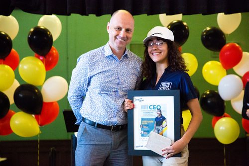 MIKAELA MACKENZIE / WINNIPEG FREE PRESS
Winnipeg Free Press editor Paul Samyn poses for a photo with Youth CEO Cheyenne Moar at the Youth CEO program kickoff at the Neeginan Centre in Winnipeg on Thursday, June 6, 2019. For Alex Paul story.  
Winnipeg Free Press 2019.