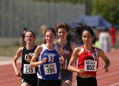 SASHA SEFTER / WINNIPEG FREE PRESS
Kelvin High School student Ceci Howes (9) competes in the Senior Girls 1500m race during the MHSAA Provincial Track and Field meet held on the University of Manitoba campus.
190606 - Thursday, June 06, 2019.