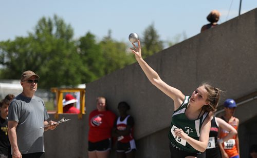 SASHA SEFTER / WINNIPEG FREE PRESS
A young athlete completes at shot put during the MHSAA Provincial Track and Field meet held on the University of Manitoba campus.
190606 - Thursday, June 06, 2019.