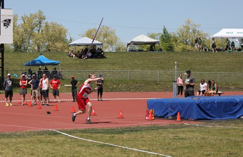 SASHA SEFTER / WINNIPEG FREE PRESS
A young athlete completes at javelin during the MHSAA Provincial Track and Field meet held on the University of Manitoba campus.
190606 - Thursday, June 06, 2019.