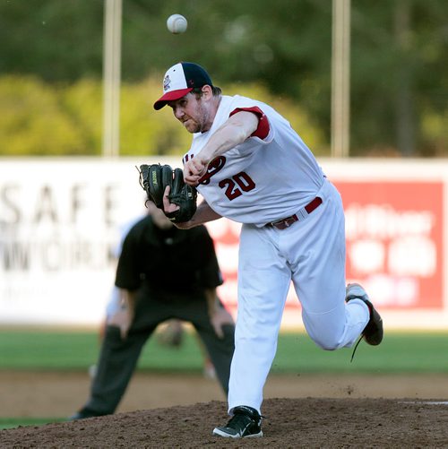 PHIL HOSSACK / WINNIPEG FREE PRESS -  Winnipeg Goldeye pitcher Kevin McGovern throws a curveball at the top of the fifth after allowing three runs in the inning. See story. - June 6, 2019.
