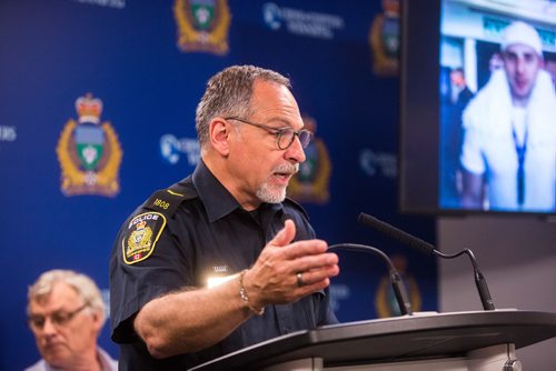 MIKAELA MACKENZIE / WINNIPEG FREE PRESS
Constable Rob Carver speaks at a media briefing about the homicide of Justin Silicz at the police headquarters in Winnipeg on Friday, June 7, 2019. For Katie May story.  
Winnipeg Free Press 2019.