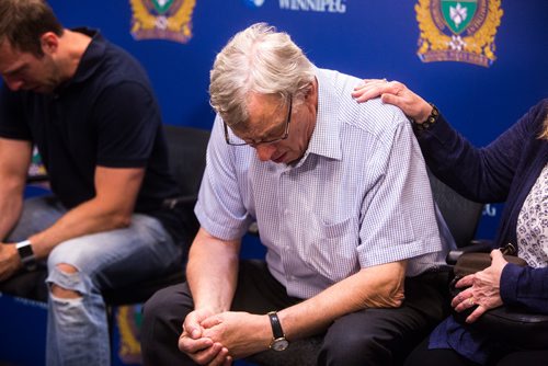 MIKAELA MACKENZIE / WINNIPEG FREE PRESS
Walter Silicz is comforted by Nicole Silicz at a media briefing about the homicide of their son, Justin Silicz, at the police headquarters in Winnipeg on Friday, June 7, 2019. For Katie May story.  
Winnipeg Free Press 2019.