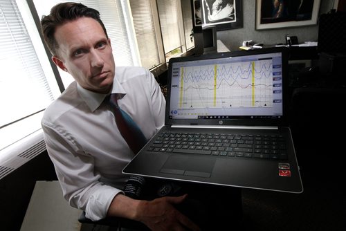 PHIL HOSSACK / WINNIPEG FREE PRESS - Local defence lawyer Matt Gould shows off a polygraph from his machine. - June 7, 2019.