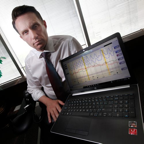 PHIL HOSSACK / WINNIPEG FREE PRESS - Local defence lawyer Matt Gould shows off a polygraph from his machine. - June 7, 2019.