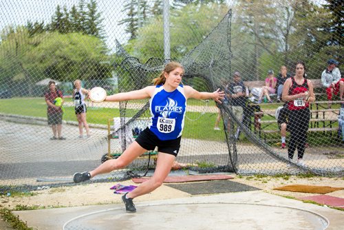 MIKAELA MACKENZIE / WINNIPEG FREE PRESS
Alexandria Buhler, winner of the senior girls discus, throws discus at the MHSAA Dairy Farmers of Manitoba Track & Field Championships at University Stadium in Winnipeg on Saturday, June 8, 2019. For Devon story.  
Winnipeg Free Press 2019.