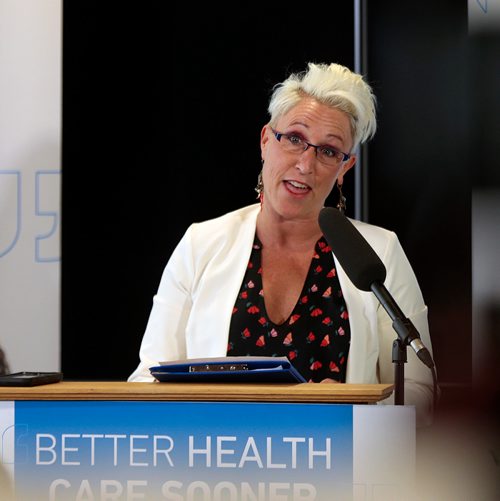 PHIL HOSSACK / WINNIPEG FREE PRESS - Dr. Ginette Poulin, medical director, Addictions Foundation of Manitoba (AFM) responds to Manitoba Conservative Cameron Friesen Minister of Health, Seniors and Active Living making an announcement Monday Morning at AFM. See story. 
 - June 10, 2019.