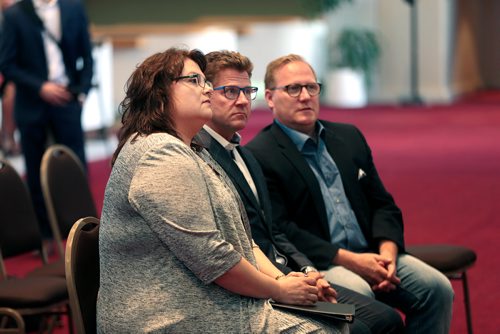 PHIL HOSSACK / WINNIPEG FREE PRESS - Crown Services Minister Colleen Mayer left, announced funding for the Manitoba Centennial centre. She's seated with Karl Loepp Chair of the Centennial Centre Board and Finance Minister Scott Fielding (right). See story. - June 10, 2019.