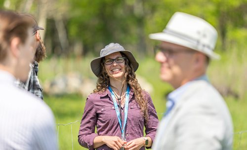 SASHA SEFTER / WINNIPEG FREE PRESS
Living Prairie Museum's Director Sarah Semmler speaks with the media during The Living Prairie Museum pilot program launch aimed at testing the feasibility of using grazing sheep as a means of vegetation management.
190610 - Monday, June 10, 2019.