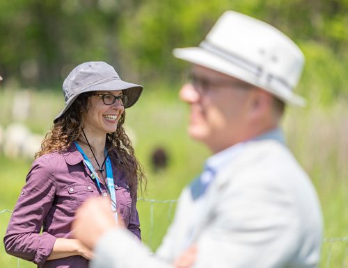 SASHA SEFTER / WINNIPEG FREE PRESS
Living Prairie Museum's Director Sarah Semmler speaks with the media during The Living Prairie Museum pilot program launch aimed at testing the feasibility of using grazing sheep as a means of vegetation management.
190610 - Monday, June 10, 2019.