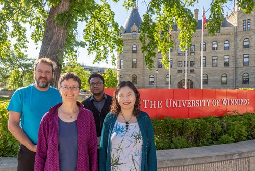 SASHA SEFTER / WINNIPEG FREE PRESS
(From left) Michael Thibert, Lilli Williams Jean Widny Pervil and Ji-Yung Jennifer Choi are four of the six members of the last class of theology students to graduate from the University of Winnipeg.
190610 - Monday, June 10, 2019.