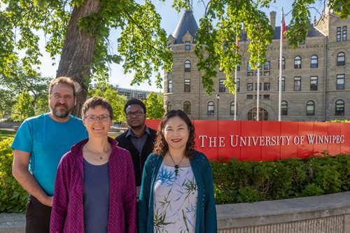 SASHA SEFTER / WINNIPEG FREE PRESS
(From left) Michael Thibert, Lilli Williams, Jean Widny Pervil and Ji-Yung Jennifer Choi are four of the six members of the last class of theology students to graduate from the University of Winnipeg.
190610 - Monday, June 10, 2019.