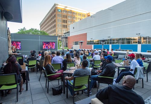 SASHA SEFTER / WINNIPEG FREE PRESS
Raptors fans gather to watch game five against the Golden State Warriors on the rooftop patio of the Metropolitan Entertainment Centre.
190610 - Monday, June 10, 2019.