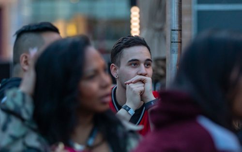 SASHA SEFTER / WINNIPEG FREE PRESS
Raptors fans gather to watch game five against the Golden State Warriors on the rooftop patio of the Metropolitan Entertainment Centre.
190610 - Monday, June 10, 2019.