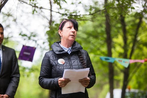 MIKAELA MACKENZIE / WINNIPEG FREE PRESS
Arlene Last-Kolb, who lost her son to addictions, speaks before planting a memorial garden for loved ones lost to addictions and overdose on Waterfront Drive in Winnipeg on Tuesday, June 11, 2019. For Caitlyn Gowriluk story.  
Winnipeg Free Press 2019.
