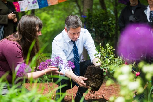 MIKAELA MACKENZIE / WINNIPEG FREE PRESS
Mayor Brian Bowman, along with Nicole Last, who lost her brother to addictions (left), plants a memorial garden for loved ones lost to addictions and overdose on Waterfront Drive in Winnipeg on Tuesday, June 11, 2019. For Caitlyn Gowriluk story.  
Winnipeg Free Press 2019.