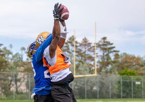 SASHA SEFTER / WINNIPEG FREE PRESS
Winnipeg Blue Bombers wide receiver Kenneth Walker fights off defensive back Anthony Gaitor to make a catch during practice on Tuesday afternoon.
190611 - Tuesday, June 11, 2019.