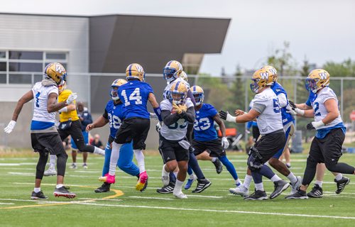 SASHA SEFTER / WINNIPEG FREE PRESS
Winnipeg Blue Bombers running back Andrew Harris muscles past the defensive line during practice on Tuesday afternoon.
190611 - Tuesday, June 11, 2019.