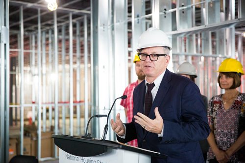 MIKAELA MACKENZIE / WINNIPEG FREE PRESS
Adam Vaughan, parliamentary secretary to the federal minister of families, children and social development, announces a new bilateral national housing strategy at a press conference in Winnipeg on Tuesday, June 11, 2019. For Jessica Botelho-Urbanski story.  
Winnipeg Free Press 2019.