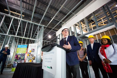 MIKAELA MACKENZIE / WINNIPEG FREE PRESS
Adam Vaughan, parliamentary secretary to the federal minister of families, children and social development, announces a new bilateral national housing strategy at a press conference in Winnipeg on Tuesday, June 11, 2019. For Jessica Botelho-Urbanski story.  
Winnipeg Free Press 2019.