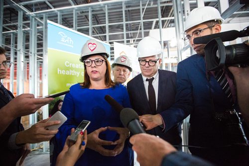 MIKAELA MACKENZIE / WINNIPEG FREE PRESS
Heather Stefanson, families minister (left), MP Terry Duguid, and Adam Vaughan, parliamentary secretary to the federal minister of families, and  children and social development scrum after announcing a new bilateral national housing strategy at a press conference in Winnipeg on Tuesday, June 11, 2019. For Jessica Botelho-Urbanski story.  
Winnipeg Free Press 2019.