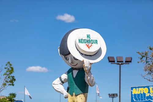 SASHA SEFTER / WINNIPEG FREE PRESS
The Hi Neighbour Sam statue on Reagent Avenue in Transcona needs repairs which will  cost an estimated $23,000.
190612 - Wednesday, June 12, 2019.