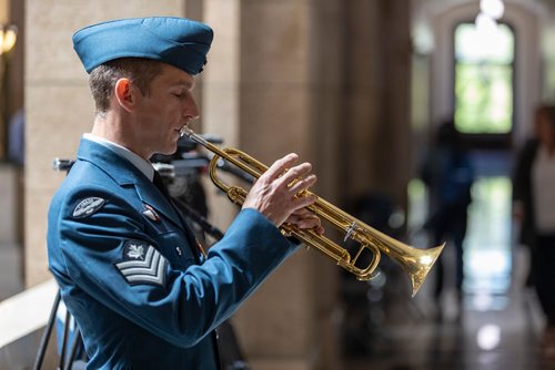 SASHA SEFTER / WINNIPEG FREE PRESS
A bugler practices in the hall during the Manitoba RCMPs official change of command ceremony held at the Manitoba Legislative Building in Winnipeg.
190612 - Wednesday, June 12, 2019.