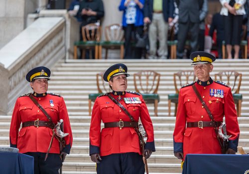 SASHA SEFTER / WINNIPEG FREE PRESS
(From left) New Assistant Commissioner Jane MacLatchy,  the Commissioner of the RCMP Brenda Lucki and Former Assistant Commissioner Scott Klodyduring the Manitoba RCMPs official change of command ceremony held at the Manitoba Legislative Building in Winnipeg.
190612 - Wednesday, June 12, 2019.