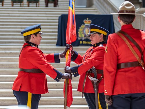 SASHA SEFTER / WINNIPEG FREE PRESS
(From left) The Commissioner of the RCMP Brenda Lucki and new Assistant Commissioner Jane MacLatchy during the Manitoba RCMPs official change of command ceremony held at the Manitoba Legislative Building in Winnipeg.
190612 - Wednesday, June 12, 2019.