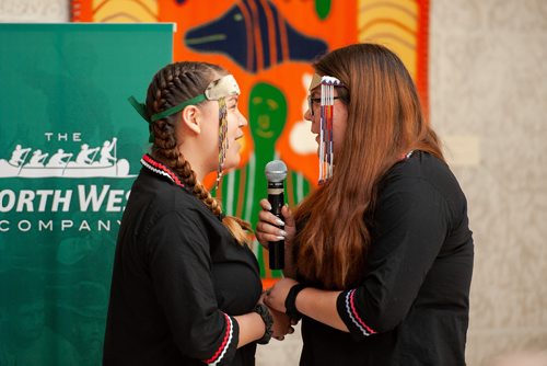 Mike Sudoma / Winnipeg Free Press
(Left) Carmello and (right) Chasity Swan Throat sing at the WAG Wednesday afternoon.
June 12, 2018