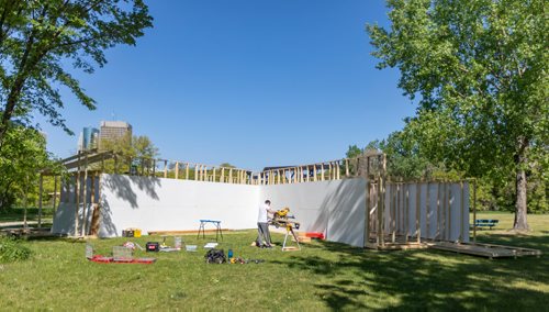 SASHA SEFTER / WINNIPEG FREE PRESS
Nick Kalturnyk cuts boards for a temporary venue in Parc Elzear Goulet in St. Boniface.
190613 - Thursday, June 13, 2019.