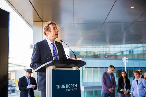 MIKAELA MACKENZIE / WINNIPEG FREE PRESS
André Lewis, artistic director and CEO of the Royal Winnipeg Ballet, speaks after True North Real Estate Development announced a new partnership with the Wawanesa Insurance to build the insurance firm's new headquarters where the ballet's dormitories are currently located at True North Square in downtown Winnipeg on Thursday, June 13, 2019. For Martin Cash story.  
Winnipeg Free Press 2019.