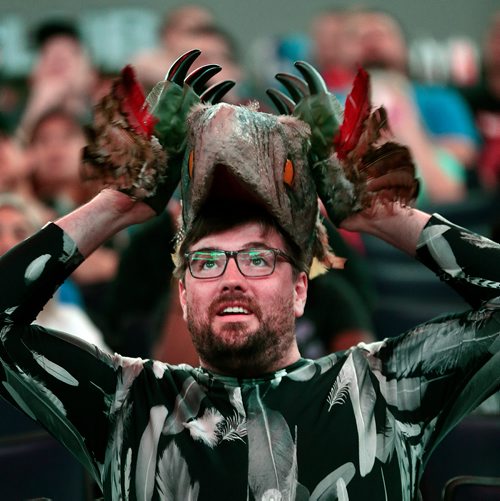 PHIL HOSSACK / WINNIPEG FREE PRESS -Adam Alexander Kirk hangs onto his Raptor Hat at the BELL/MTS Centre Thursday evening. See story. - June 13, 2019.