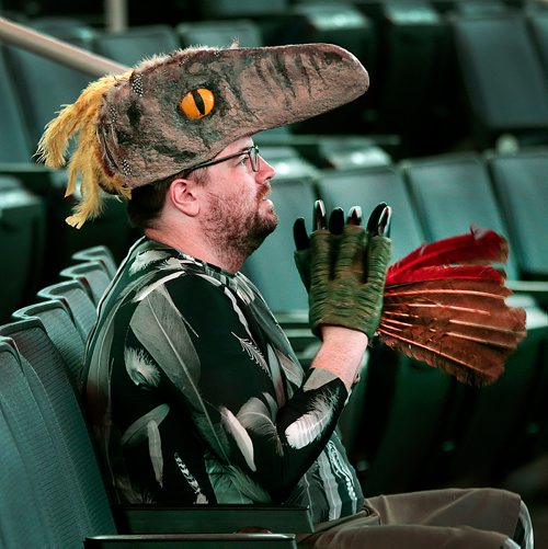PHIL HOSSACK / WINNIPEG FREE PRESS -Adam Alexander Kirk hangs in his Raptor Hat  and gloves at the BELL/MTS Centre Thursday evening. See story. - June 13, 2019. PHIL HOSSACK / WINNIPEG FREE PRESS -  - June 12, 2019.