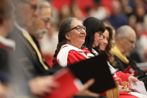 RUTH BONNEVILLE /  WINNIPEG FREE PRESS 

LOCAL STDUP - U of W convo

Standup photo of Ida Bear (front) and Annie Boulanger (her left, dark hair bangs) on stage at the graduation ceremony, Friday.  

The University of Winnipeg marks 2019International Year of Indigenous Languages - by bestowing honorary Doctor of Laws on Ida Bear and Annie Boulanger. for their lifelong commitment to Indigenous language education at the U of W convocation ceremony at Duckworth Centre Friday. 
 
More info:
- Ida Bear has played a pivotal role in the revitalization and protection of Indigenous languages in Manitoba.
- Over a long and distinguished career as an Indigenous language educator and advocate, Annie Boulanger has touched the lives of thousands of students and teachers across Manitoba.


June 14th, 2019
