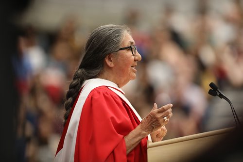 RUTH BONNEVILLE /  WINNIPEG FREE PRESS 

LOCAL STDUP - U of W convo

The University of Winnipeg marks 2019International Year of Indigenous Languages - by bestowing an honorary Doctor of Laws on Ida Bear for her lifelong commitment to Indigenous language education at the U of W convocation ceremony at Duckworth Centre Friday. 
More info:
- Ida Bear has played a pivotal role in the revitalization and protection of Indigenous languages in Manitoba.

Standup photo of Ida Bear at the podium offering her advice to 2019 graduates.  

June 14th, 2019
