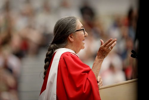 RUTH BONNEVILLE /  WINNIPEG FREE PRESS 

LOCAL STDUP - U of W convo

The University of Winnipeg marks 2019International Year of Indigenous Languages - by bestowing an honorary Doctor of Laws on Ida Bear for her lifelong commitment to Indigenous language education at the U of W convocation ceremony at Duckworth Centre Friday. 
More info:
- Ida Bear has played a pivotal role in the revitalization and protection of Indigenous languages in Manitoba.

Standup photo of Ida Bear at the podium offering her advice to 2019 graduates.  

June 14th, 2019
