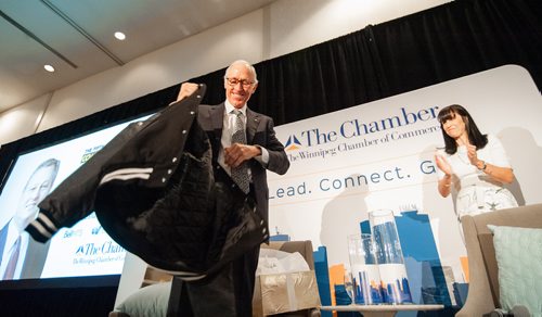 Mike Sudoma / Winnipeg Free Press
Stu Clark smiling as he accepts a jacket from the University of Manitoba after his recent $10 million dollar donation the University of Manitoba Friday afternoon. Since 2004, Stu has donated a total of $19.3 Million dollars to the University to help with aiding entrepreneurs get the proper education needed to start a business and succeed.
June 14, 2019