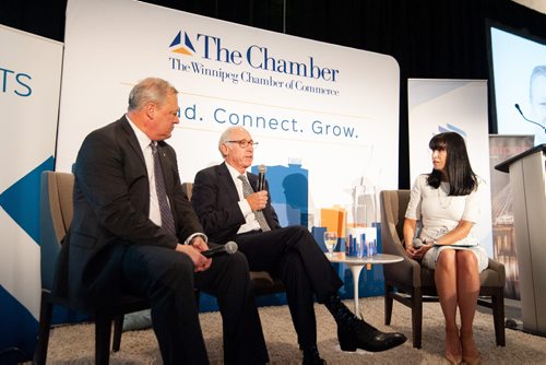Mike Sudoma / Winnipeg Free Press
Stu Clark (middle) talks to (left) Paul Soubry and Dayna Spiring (right) during the fireside chat portion of the Celebrate Winnipeg luncheon put on by the Winnipeg Chamber of Commerce Friday afternoon
June 14, 2019