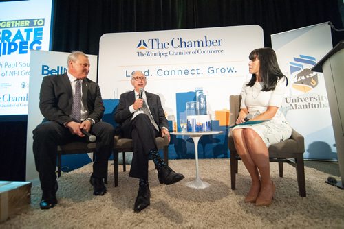 Mike Sudoma / Winnipeg Free Press
Stu Clark (middle) talks to (left) Paul Soubry and Dayna Spiring (right) during the fireside chat portion of the Celebrate Winnipeg luncheon put on by the Winnipeg Chamber of Commerce Friday afternoon
June 14, 2019