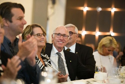 Mike Sudoma / Winnipeg Free Press
Stu Clark smiling as he is applauded for his recent $10 million dollar donation the University of Manitoba Friday afternoon during the Winnipeg Chamber of Commerce Luncheon.
June 14, 2019