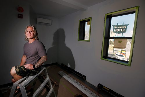 PHIL HOSSACK / WINNIPEG FREE PRESS - Danny Swidinsky poses in a completely renovated hotel room at his St James Hotel which is under complete from the floor joists up renovations. See story. - June 14 2019.