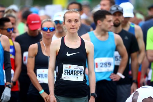 TREVOR HAGAN / WINNIPEG FREE PRESS
Selene Sharpe, full marathon winner, at the start line of the Manitoba Marathon, Sunday, June 16, 2019.