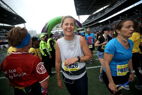 TREVOR HAGAN / WINNIPEG FREE PRESS
Heather Rempel, part of story about group of 10 that ran. At the finish line of the Manitoba Marathon inside IG Field, Sunday, June 16, 2019.