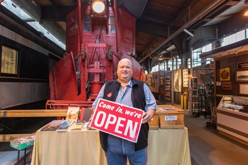 SASHA SEFTER / WINNIPEG FREE PRESS
Member and Volunteer of the Winnipeg Railway Museum Daryl Adair lets visitors know the museum is open for business after being closed abruptly on May 30 by the museum landlord VIA Rail Canada. 
190617 - Monday, June 17, 2019.