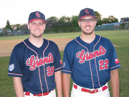 Canstar Community News June 12, 2019 - (From left) Portage la Prairie's Jayson Brooks and Chance Dickinson are playing their second year with the Elmwood Giants with the Manitoba Junior Baseball League. (ANDREA GEARY/CANSTAR COMMUNITY NEWS)