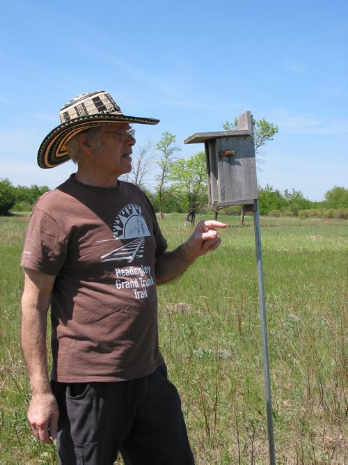 Canstar Community News June 5, 2019 - Headingley Grand Trunk Trail Association member Les McCann stands next to one of the 20 bird boxes installed along the trail that runs through the RM of Headingley. (ANDREA GEASRY/CANSTAR COMMUNITY NEWS)