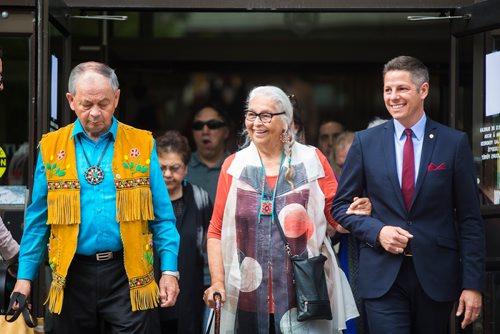 MIKAELA MACKENZIE / WINNIPEG FREE PRESS
Elder Norman Meade (left), elder Mae Louise Campbell, and mayor Brian Bowman lead the signatory procession at the third annual ceremony for signing Winnipeg's Indigenous Accord at City Hall in Winnipeg on Tuesday, June 18, 2019. For Aldo Santin story.
Winnipeg Free Press 2019.